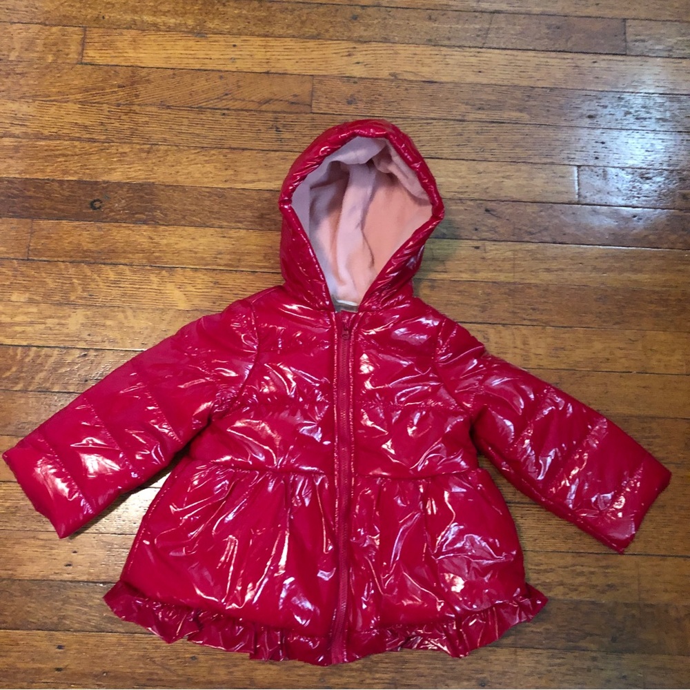 New Macys First Impressions Girls Glossy Ruffled Hem Puffer Red Jacket, 24Months